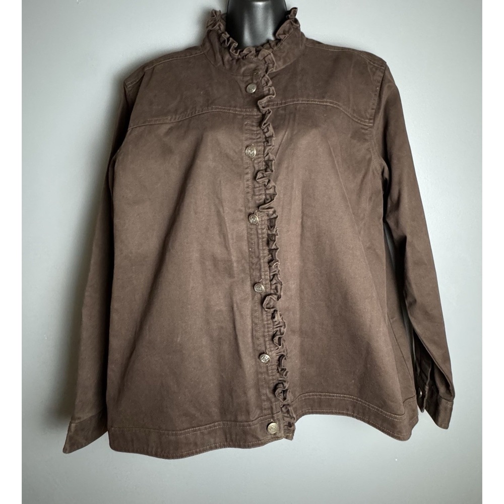 Women's Krazy Kat Chocolate Brown Button Up Denim Jacket Ruffled Front XL